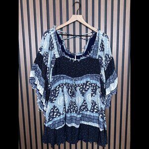 Free People Kimono Dress Small Womens Blue 2 Tone Square Neck Frayed Trim